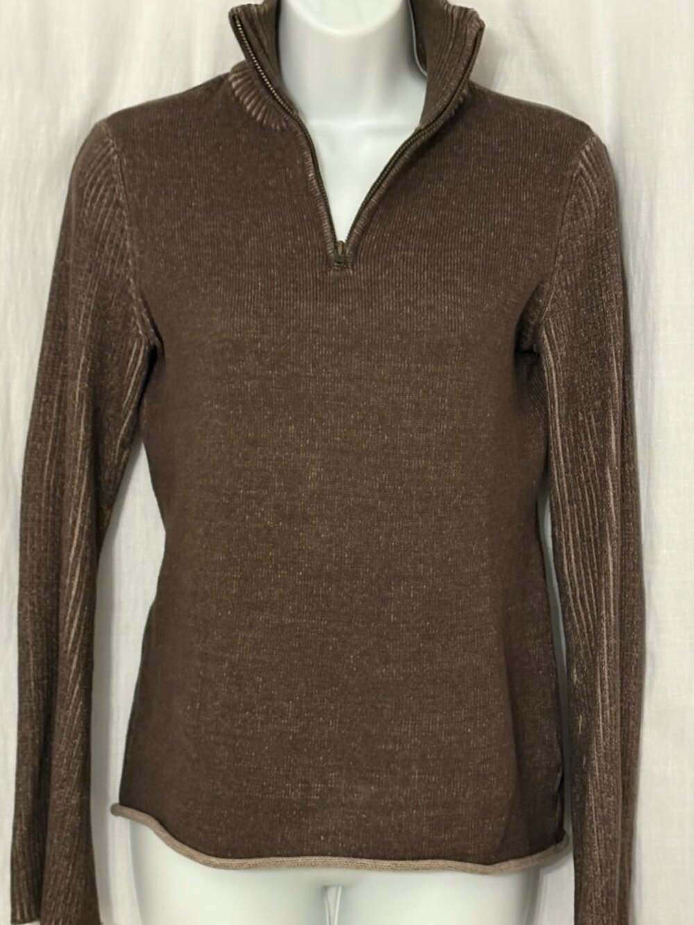 Calvin Klein Jeans 3/4 Zip Brown, Long Ribbed Sleeve, Cotton Sweater, Size S/P